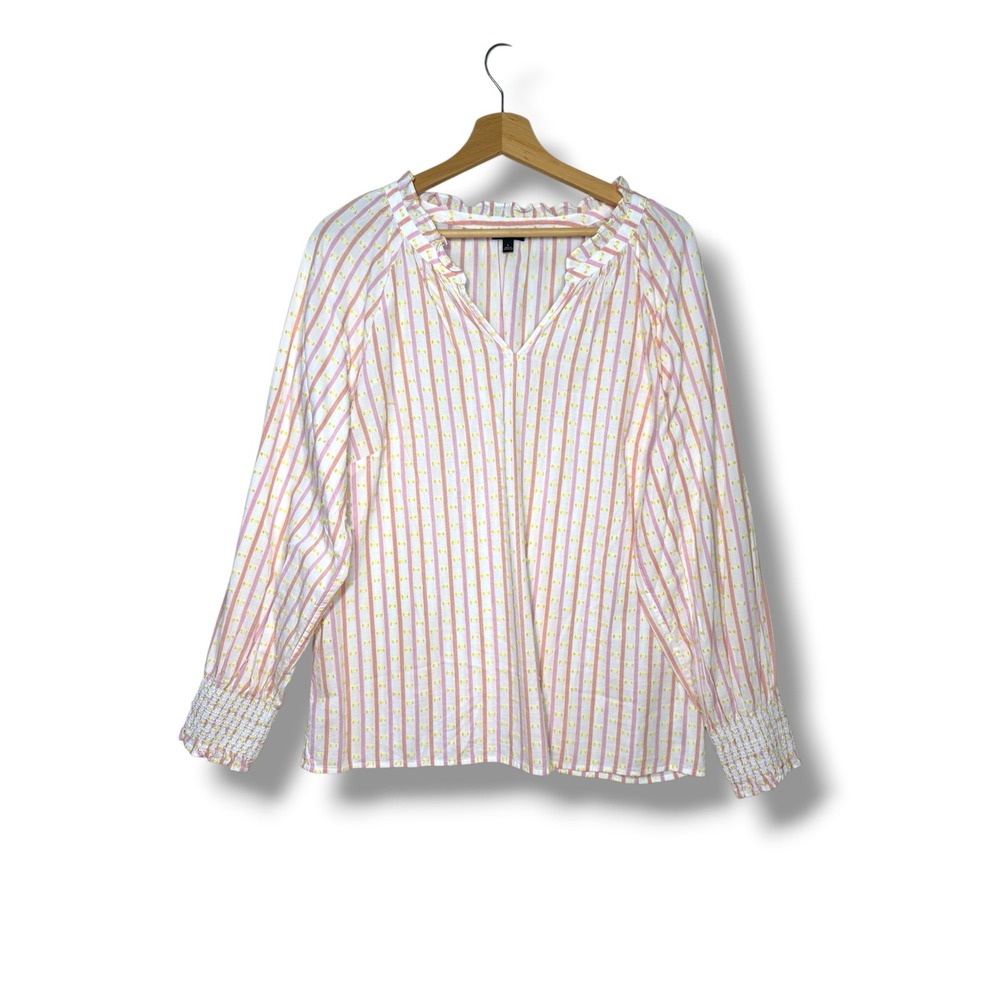 Talbots Women's L Pink Striped Clip Dot Ruffle Neck Smocked Cuff Top Blouse Chic